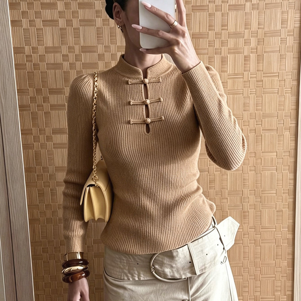 Naomi Mandarin Collar Ribbed Knit Top