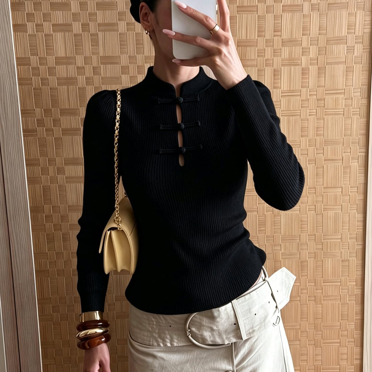 Naomi Mandarin Collar Ribbed Knit Top