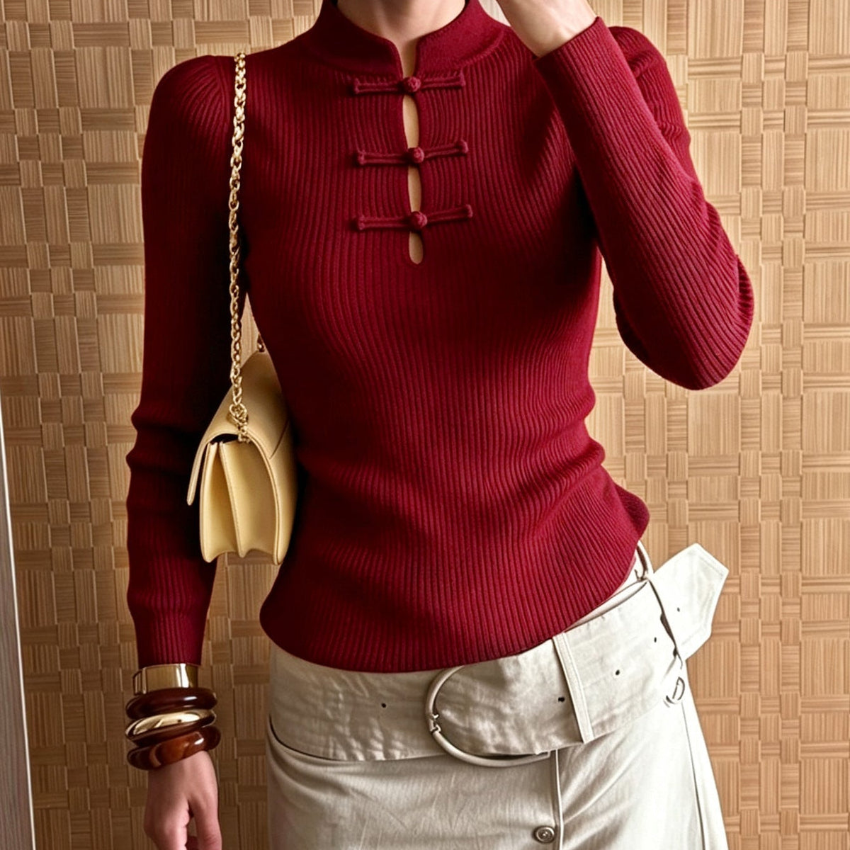 Naomi Mandarin Collar Ribbed Knit Top