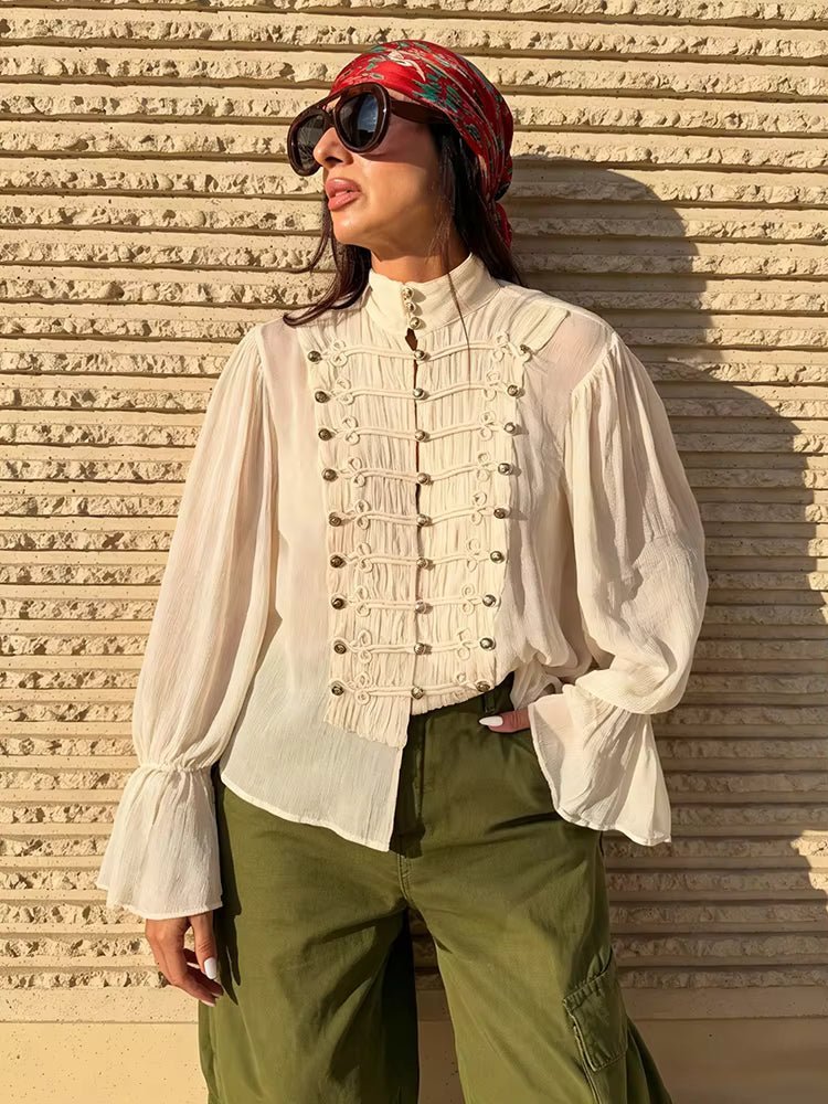 SOKYND Addison Vintage Stand Collar Frog Button Blouse BlouseSOKYND-182295-BEI-S-38551BeigeS