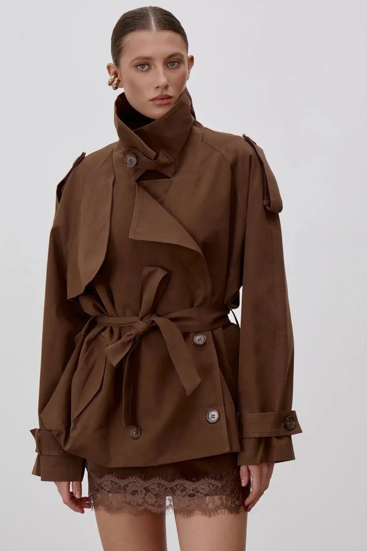 SOKYND Alice Lace Up Stand Collar Trenchcoat Coats & JacketsDark BrownS