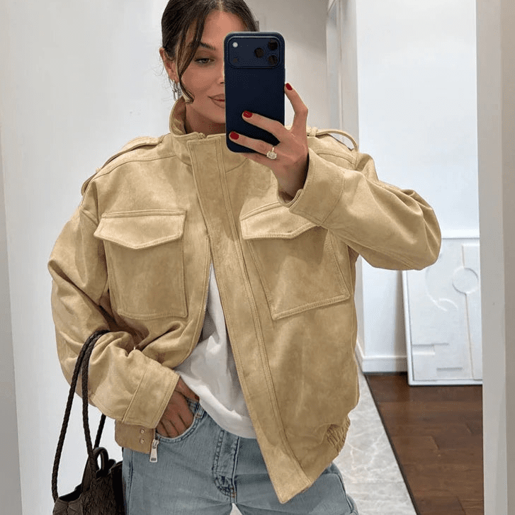 SOKYND Alyssa Suede Bomber Jacket Coats & JacketsMw1772777205907638494BeigeXS
