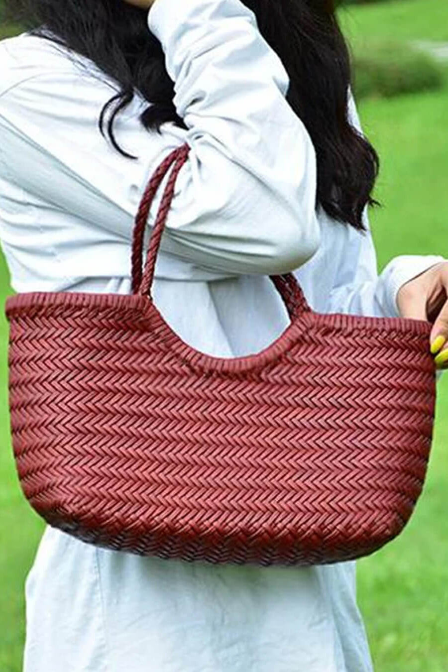 SOKYND Aneta Woven Leather Tote Bag BagsBurgundyS