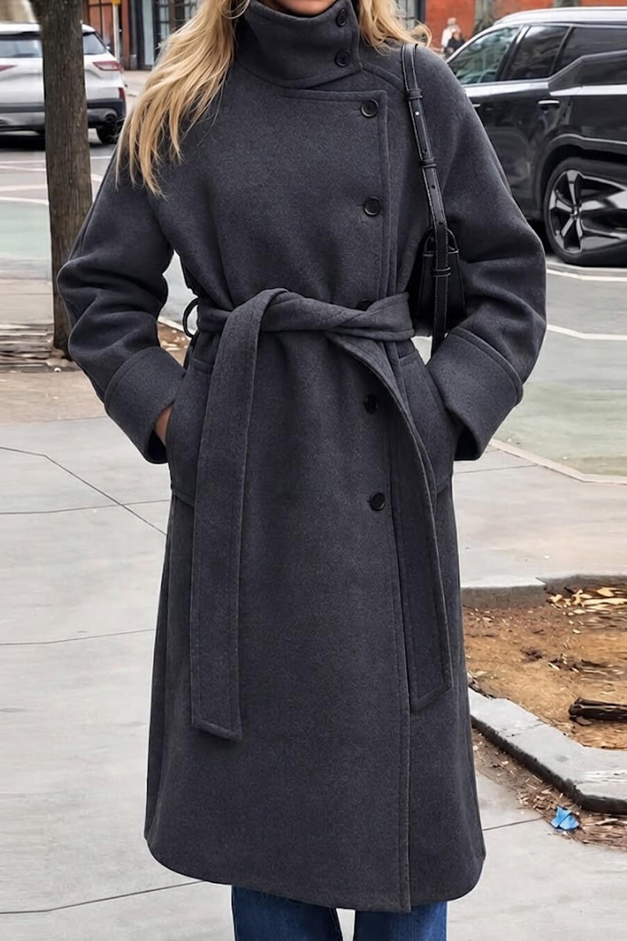 SOKYND Dolly Long Belted High Collar Coat in Grey