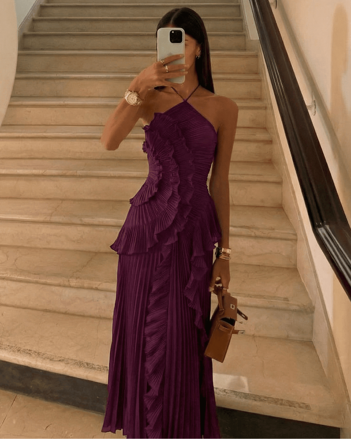 SOKYND Erica Halter Pleated Ruffle Maxi Dress DressSOKYND-674327-DAR-XS-10359Dark PurpleXS