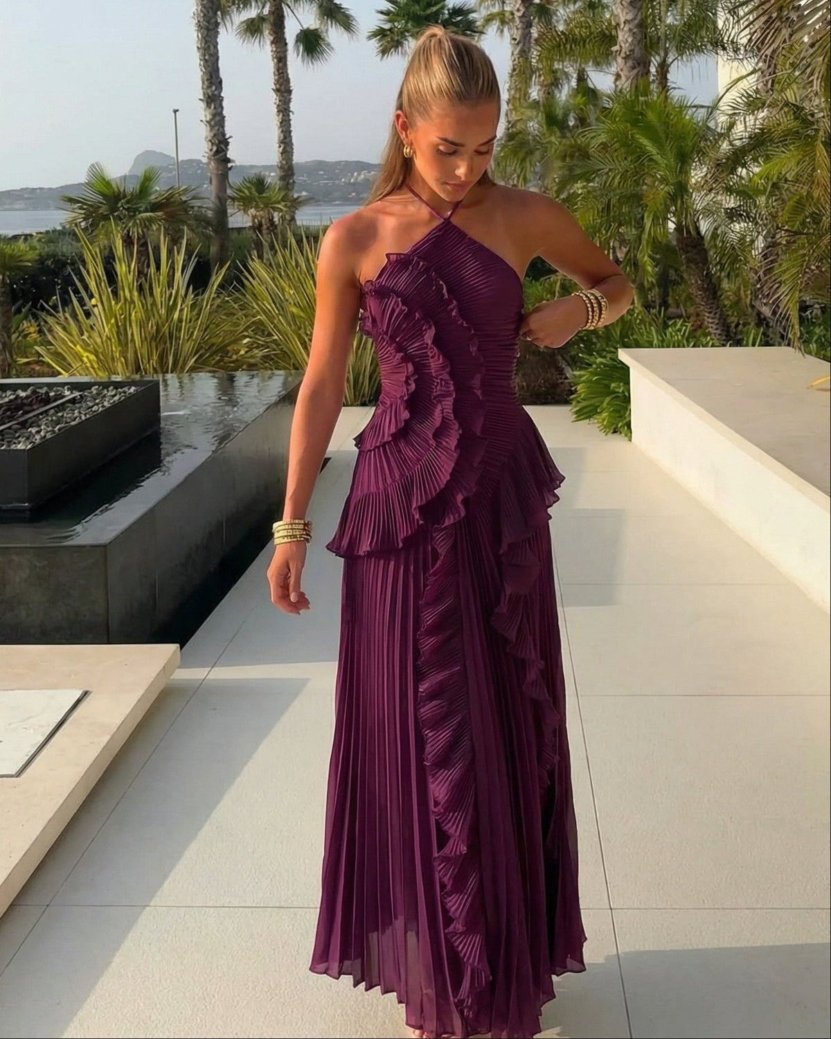 SOKYND Erica Halter Pleated Ruffle Maxi Dress DressSOKYND-674327-DAR-XS-10359Dark PurpleXS