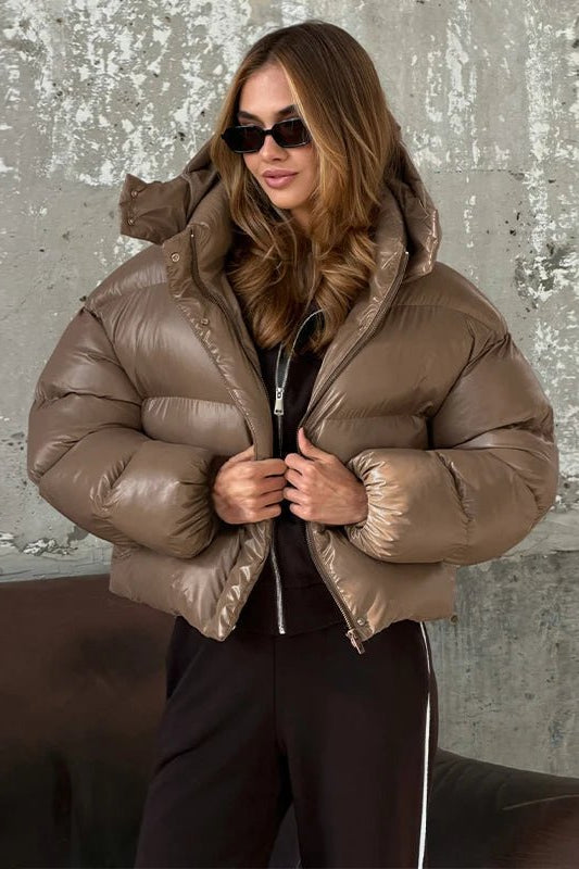 SOKYND Fiona Hooded Glossy Puffer Jacket JacketSOKYND-344727-BRO-S-62327BrownS
