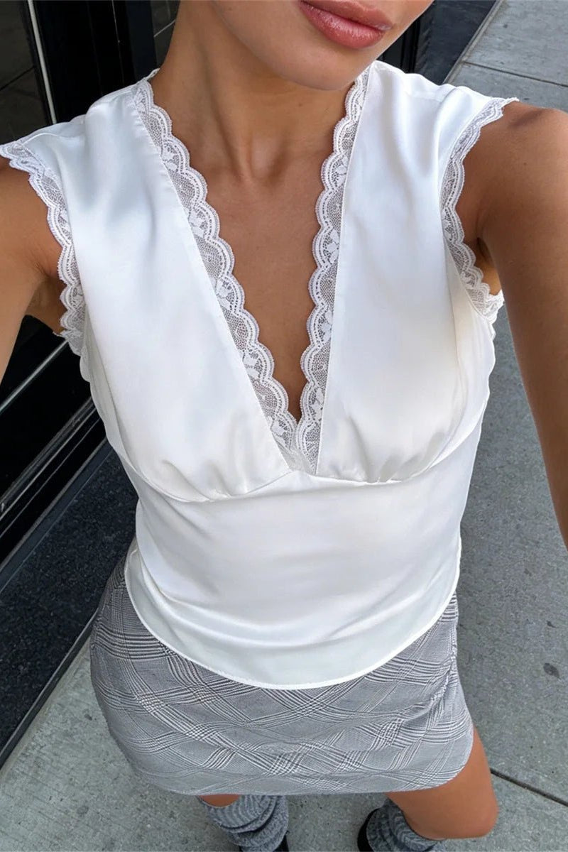 SOKYND Francine Deep Neck Satin Top in White