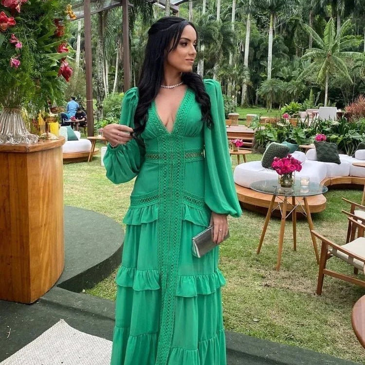 SOKYND Gemma Deep V - Neck Ruffle Maxi Dress DressGreenS