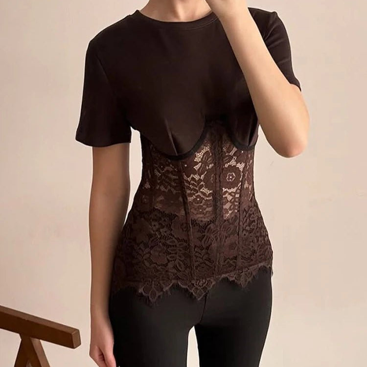 SOKYND Hailee Lace Corset Top in Brown