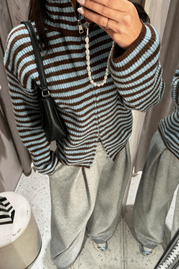 SOKYND Kate Striped Mock Neck Knit Cardigan CardiganSOKYND-850455-BLU-M-01559BlueM