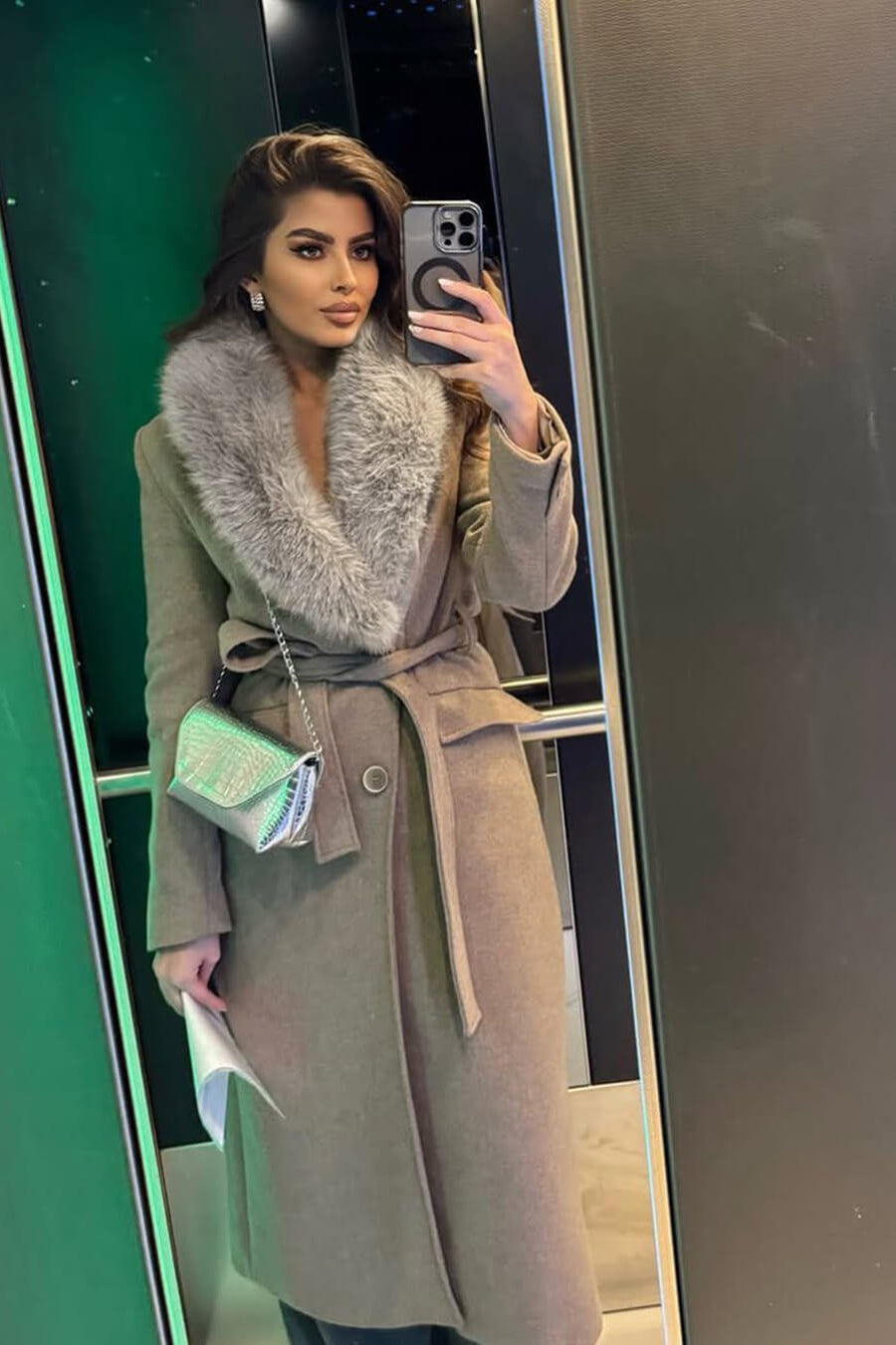 SOKYND Kirsty Faux Fur Collar Maxi Coat in Beige