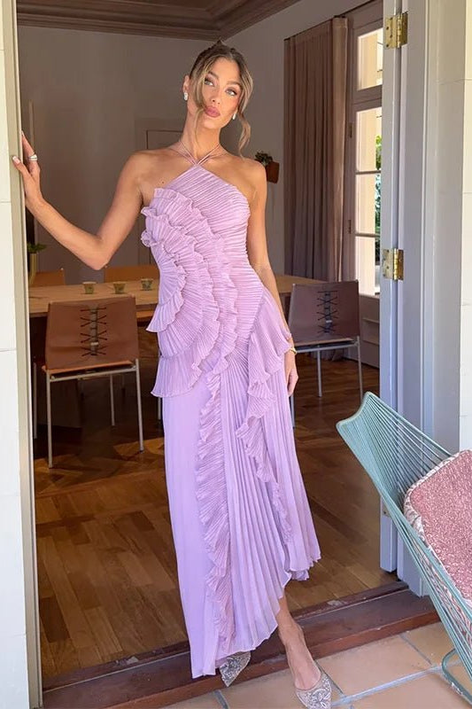 SOKYND Kris Halter Strap Ruffled Tule Dress DressesOw1772777205897219610PurpleS
