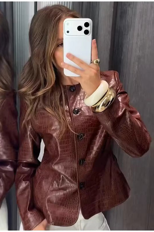 SOKYND Lola Croc Embossed Faux Leather Jacket JacketSOKYND-449943-BRO-L-18679BrownL