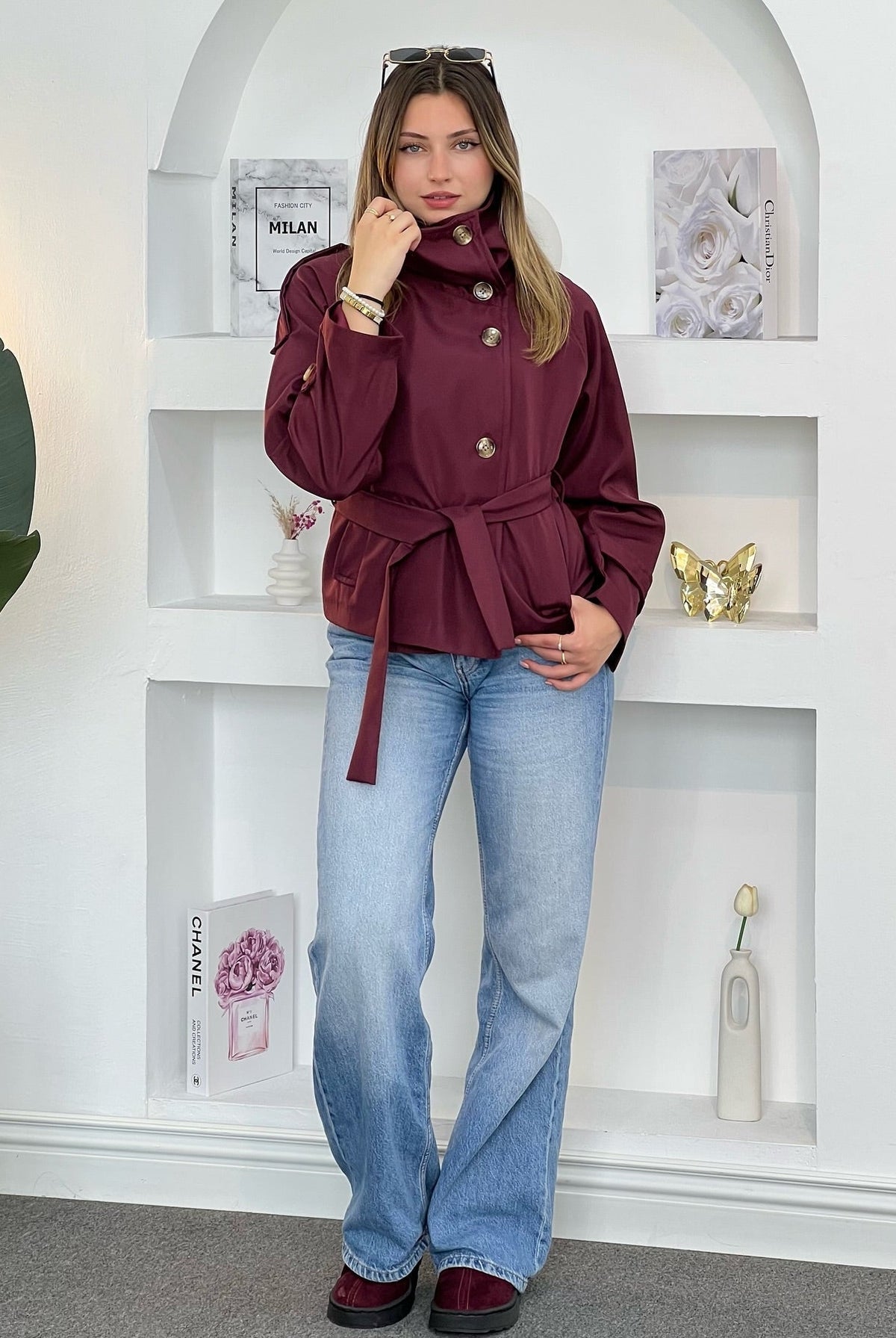 SOKYND Mara Stand Collar Crop Trenchcoat Coats & Jacketsvr1774219786664867289BurgundyXS