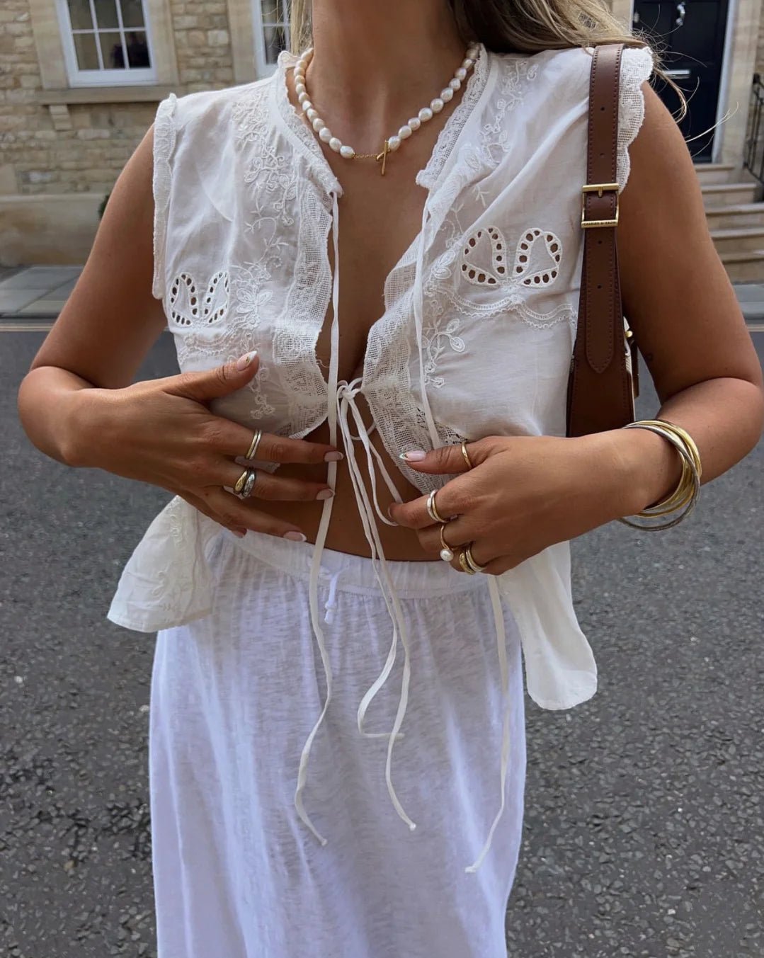 SOKYND Marilyn Embroidered Lace Trim Blouse in White