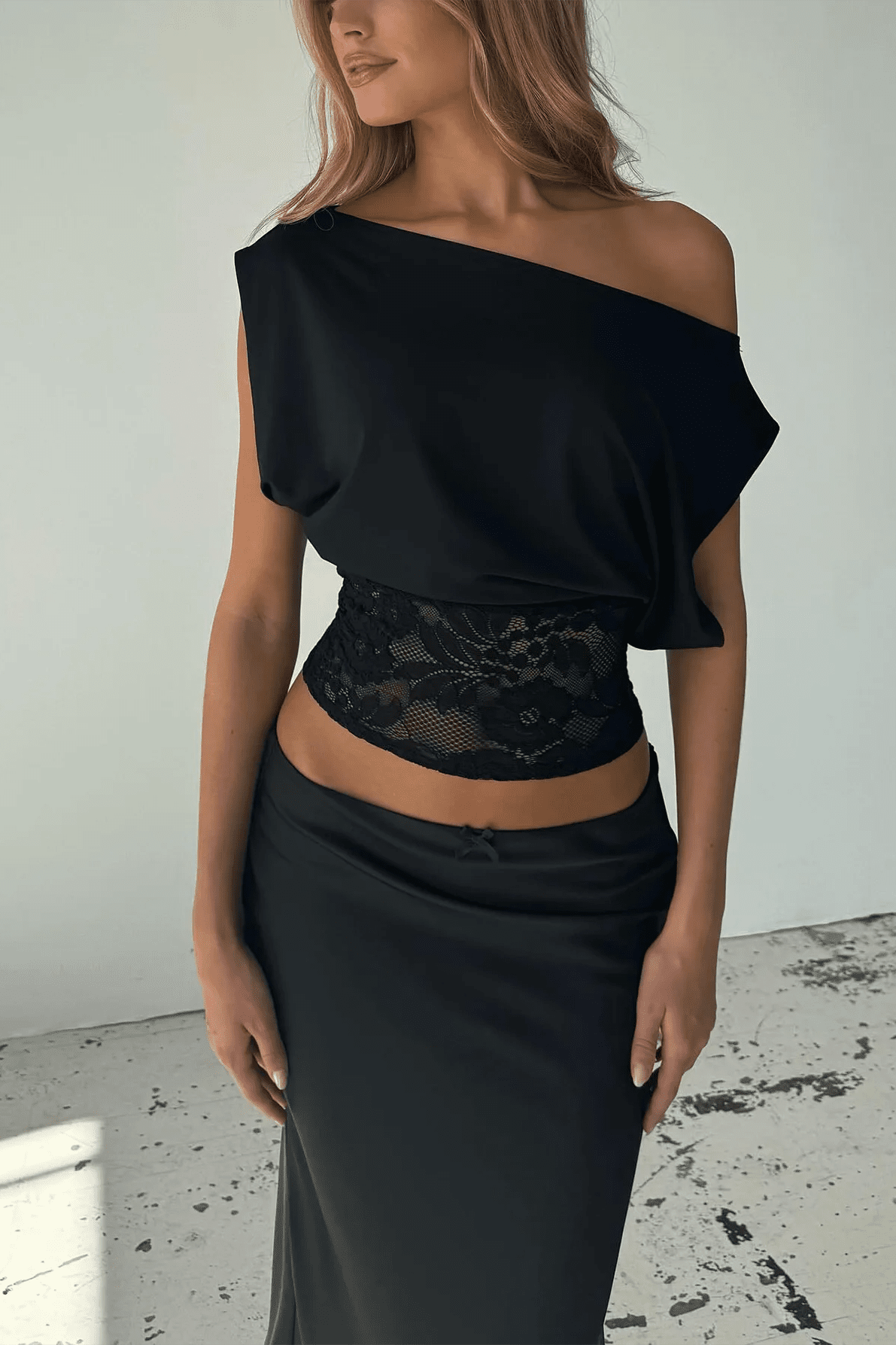 SOKYND Maureen Inclined Shoulder Lace Top TopsDg1772777205901179414BlackS