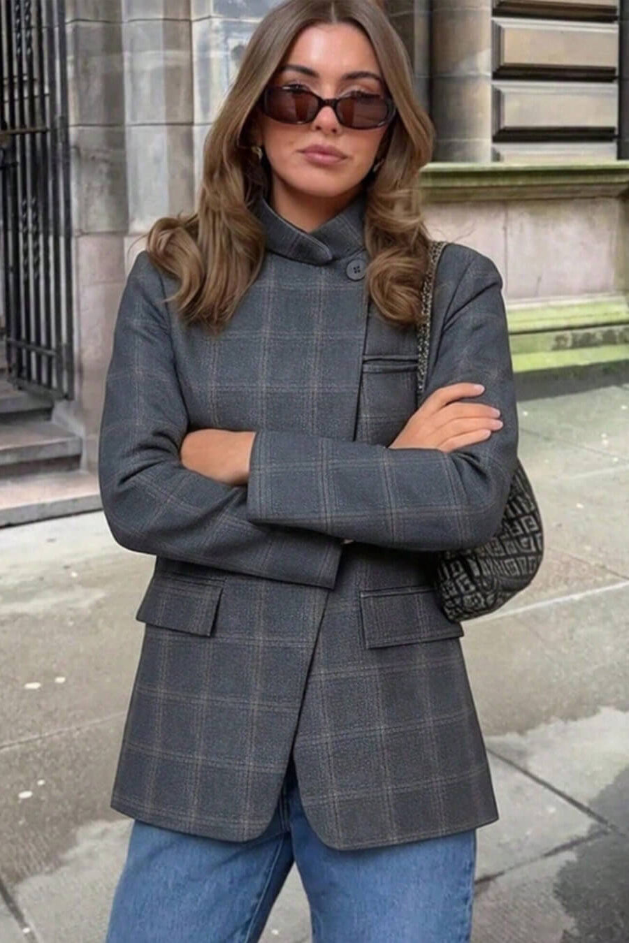 SOKYND Miriam Plaid Stand Collar Blazer JacketCharcoalS