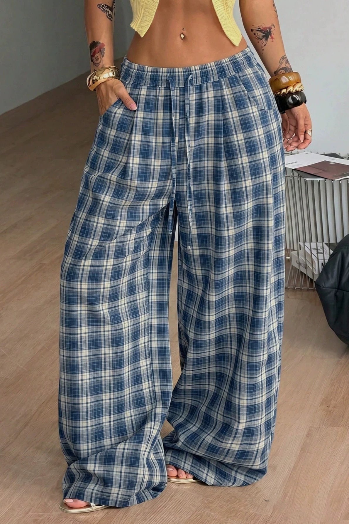 SOKYND Naomi Drawstring Wide Leg Plaid Pants PantsSOKYND-172119-BLU-M-78967BlueM
