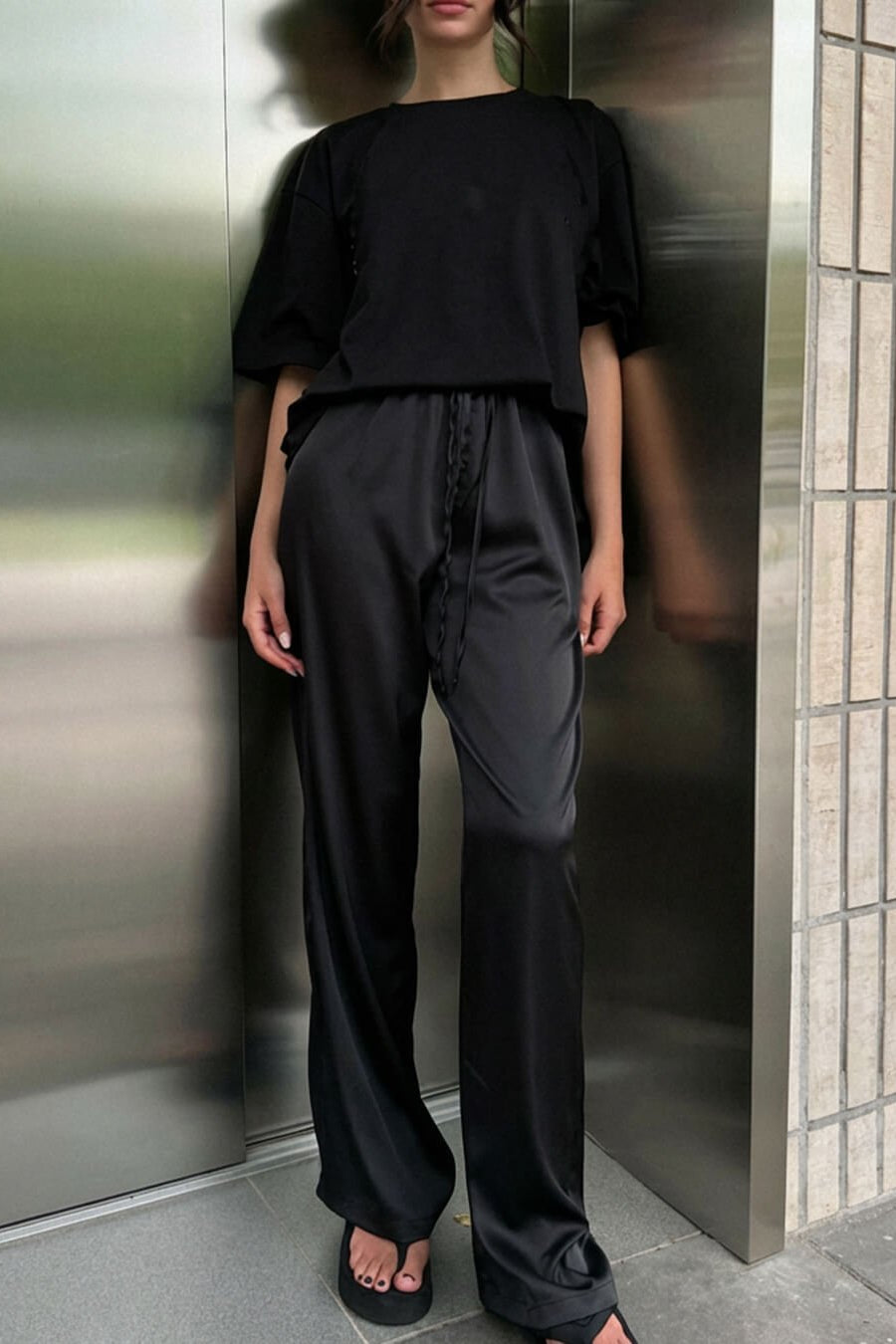SOKYND Paige High Waist Satin Wide Leg Trousers BottomsBlackS