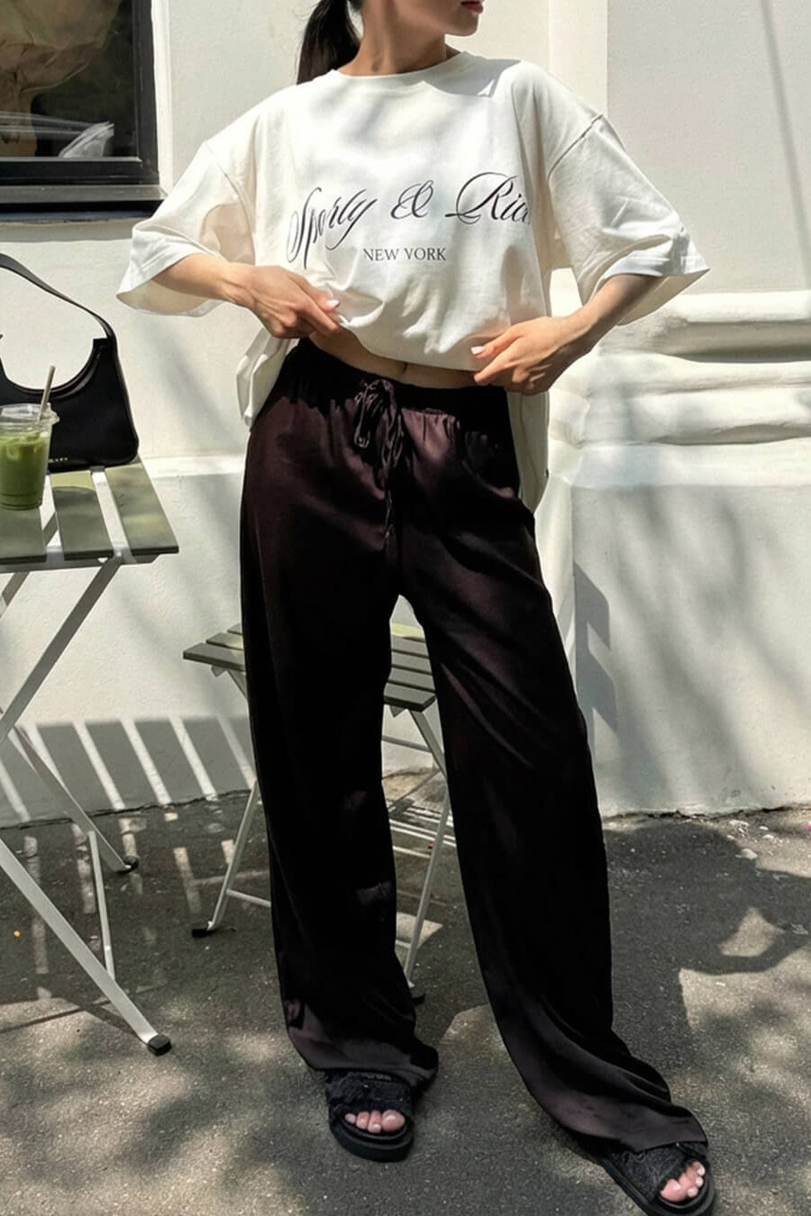 SOKYND Paige High Waist Satin Wide Leg Trousers BottomsBrownM
