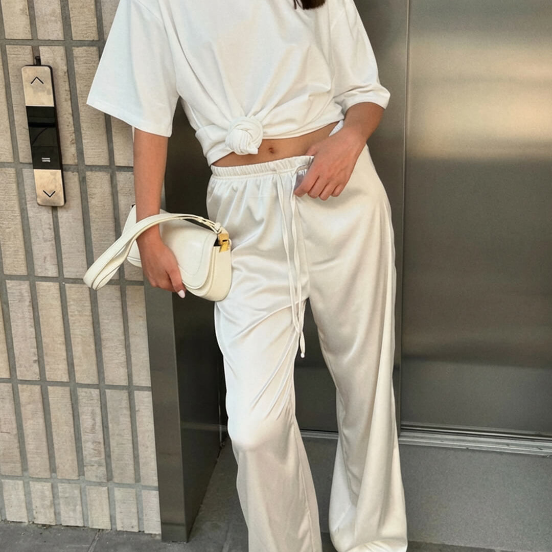 SOKYND Paige High Waist Satin Wide Leg Trousers BottomsWhiteS