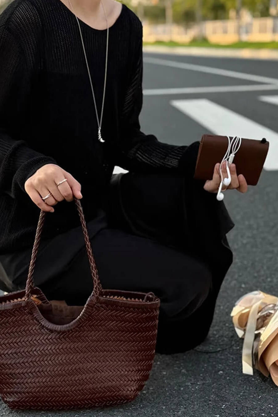 SOKYND Petra Handwoven Leather Tote Bag BagsBrownL
