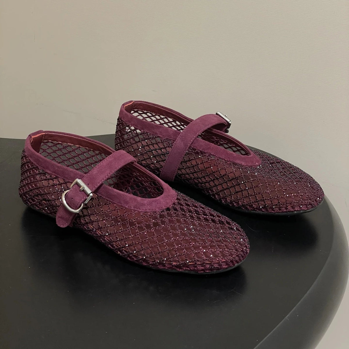 SOKYND Rebecca Rhinestone Mesh Ballet Flats ShoesBurgundy35