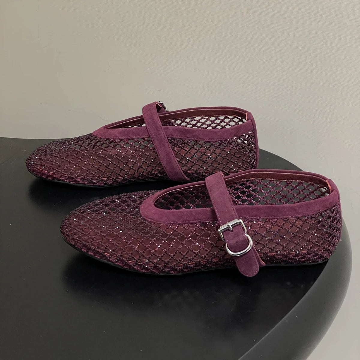 SOKYND Rebecca Rhinestone Mesh Ballet Flats ShoesBurgundy35