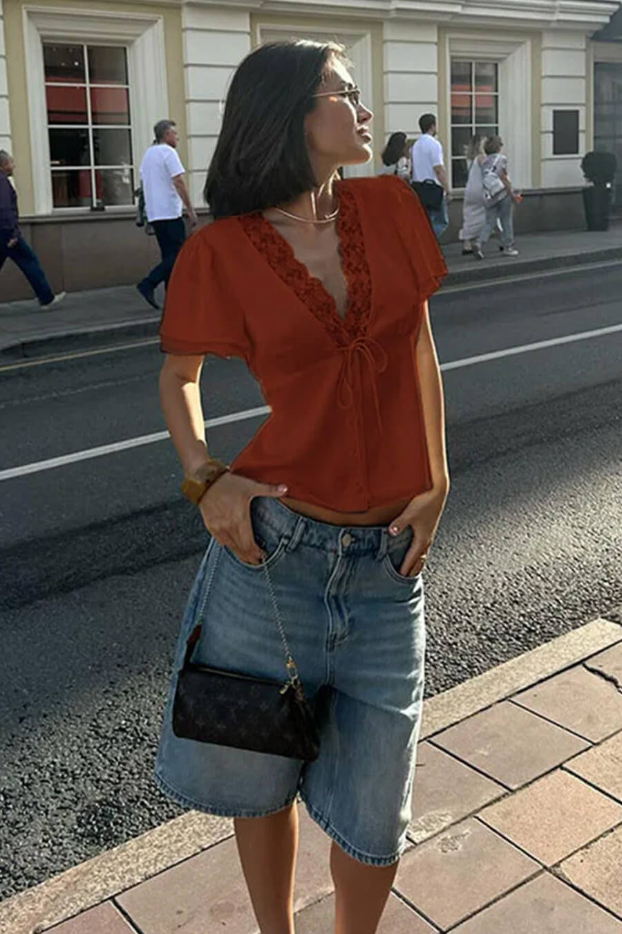 SOKYND Rosalie Lace Short Sleeve V-Neck Top TopsCK1772777205917106073BrownM