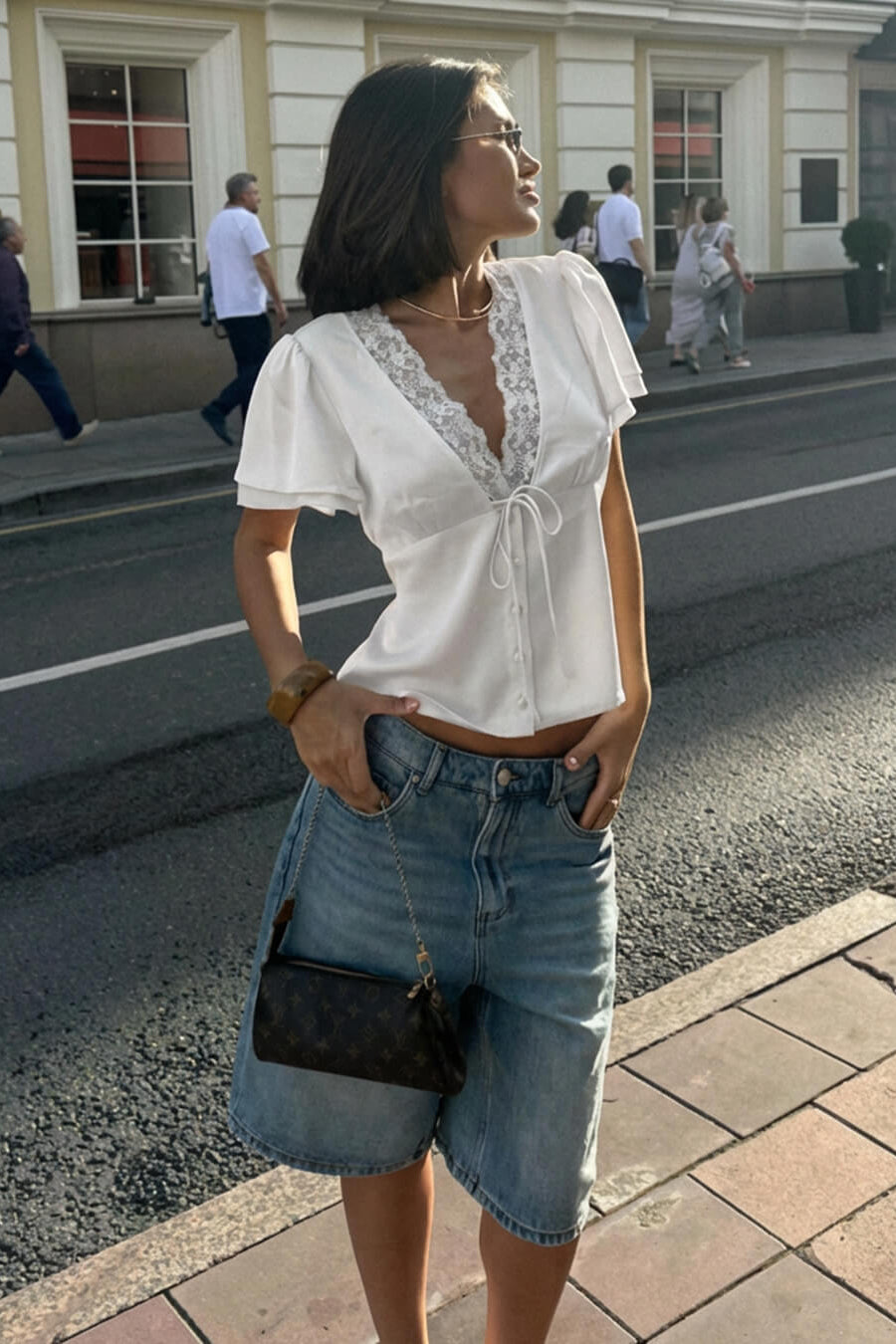 SOKYND Rosalie Lace Short Sleeve V - Neck Top TopsEC1772777205916458709WhiteS
