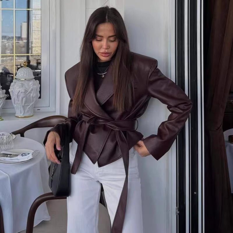 SOKYND Ruth Lace-Up Faux Leather Blazer Jacket JacketSOKYND-384855-BUR-S-49527BurgundyS