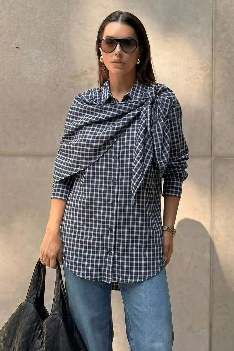 SOKYND Sabrina Plaid Scarf-Tie Shirt BlouseSOKYND-228247-NAV-L-82519NavyL