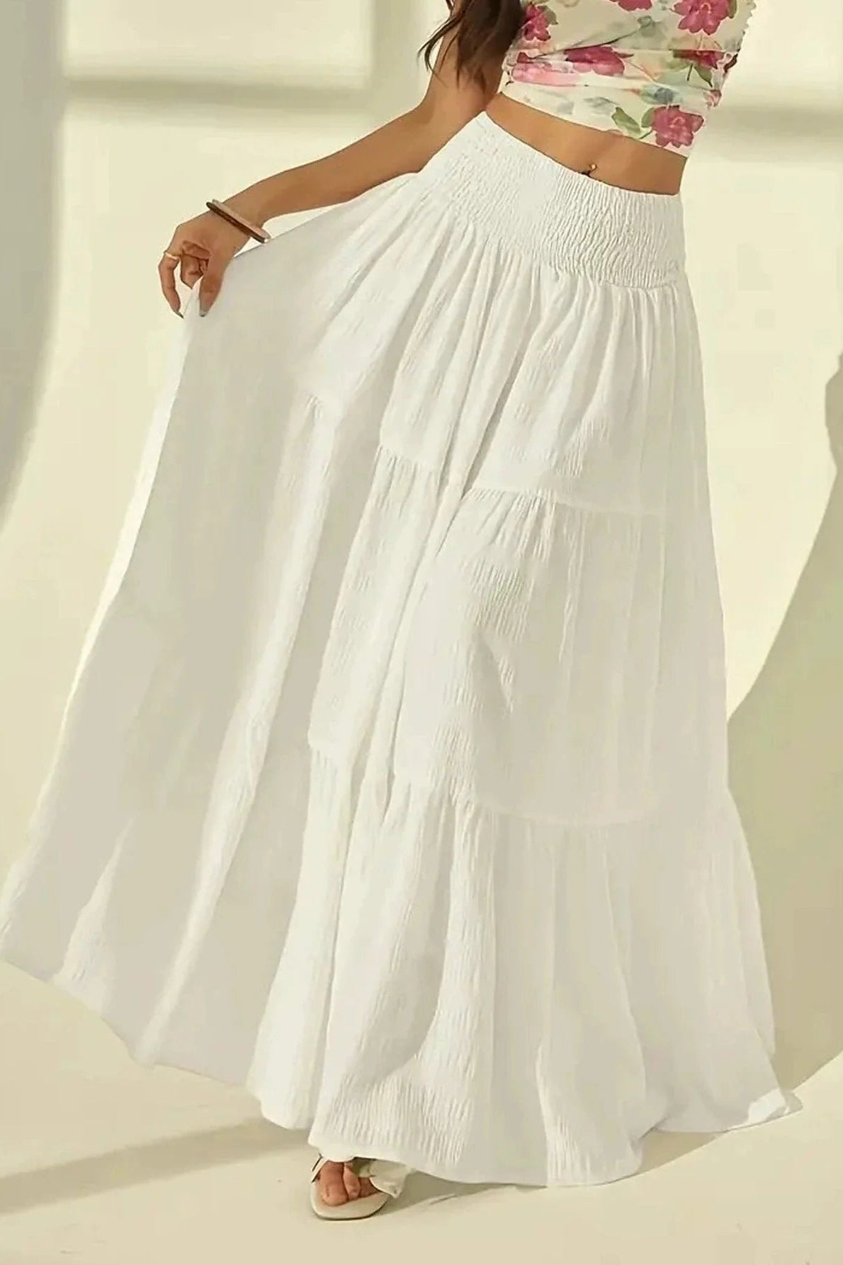 SOKYND Sienna Tiered Maxi Skirt Elastic Waist BottomsSOKYND-714903-WHI-S-59447WhiteS