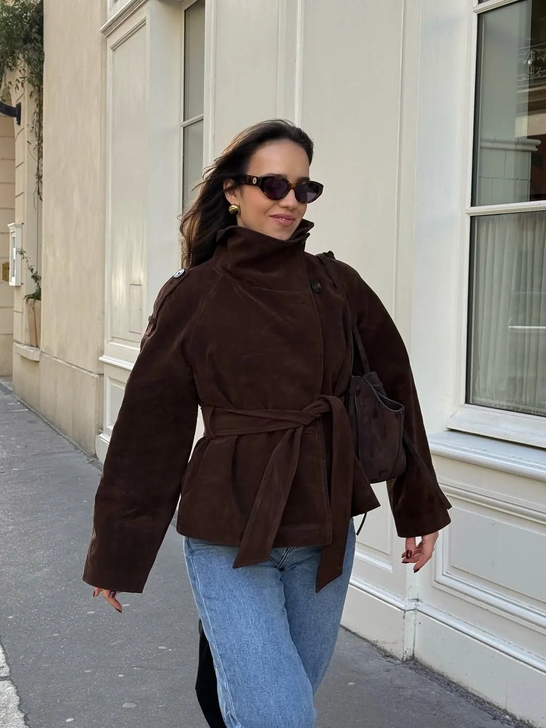 Clara Funnel Faux Suede Trench Coat