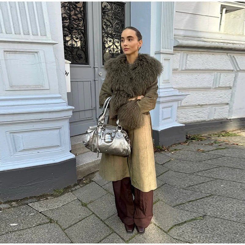 Ava Patchwork Faux Fur Collar Coat
