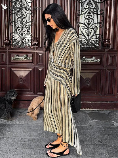 Anne Striped Maxi V-Neck Dress
