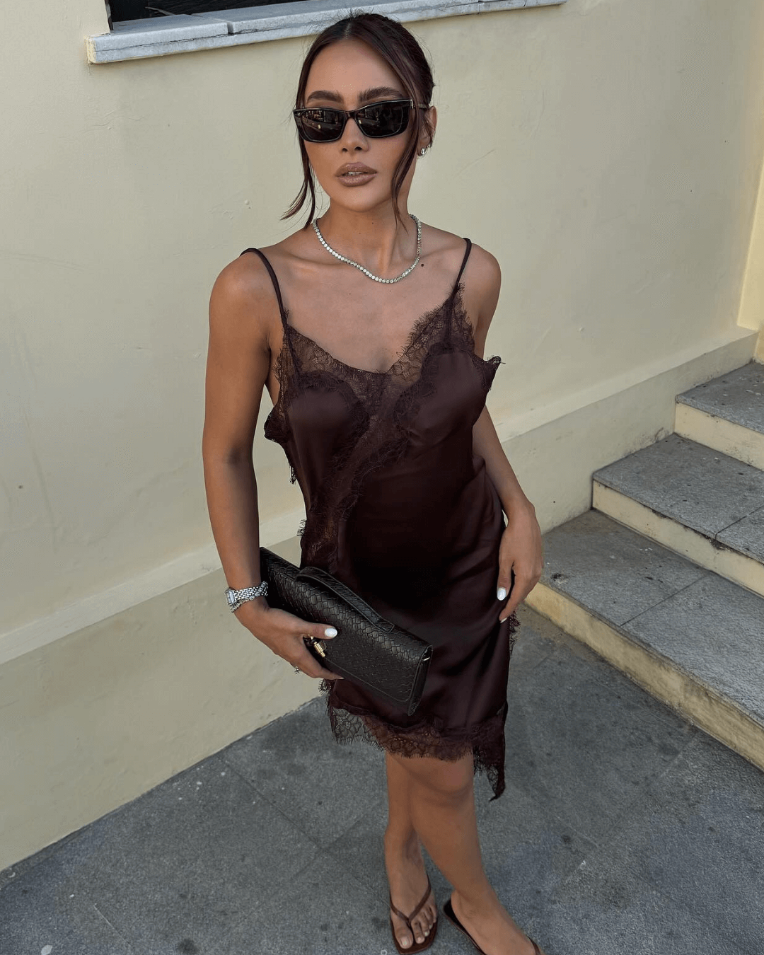 Gemma Asymmetric Satin Lace Midi Dress