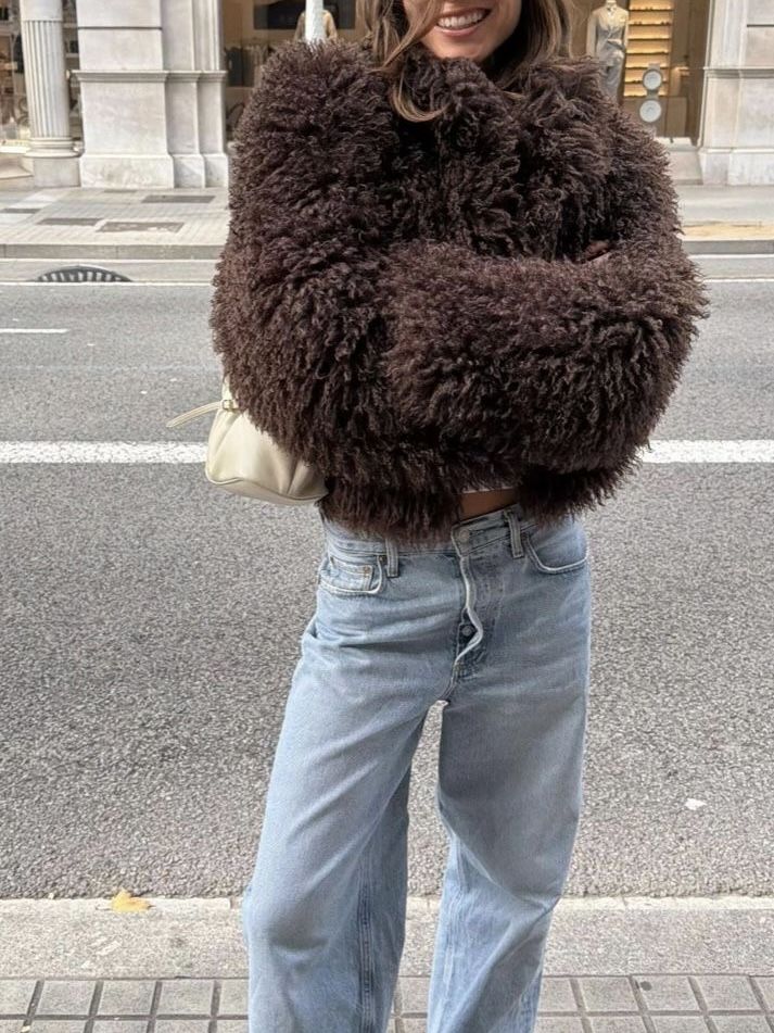 SOKYND Lyndie Short Faux Fur Coat in Brown