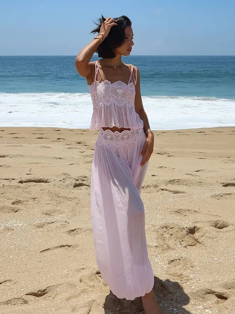 Ensemble Maya Top Court en Dentelle Florale à Volants et Jupe Maxi