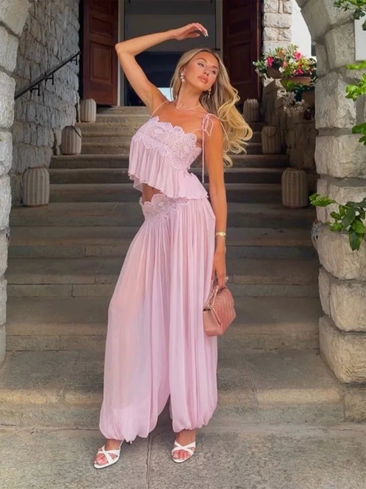 Ensemble Maya Top Court en Dentelle Florale à Volants et Jupe Maxi