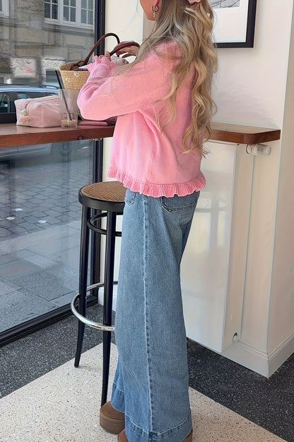 SOKYND Adriana Knitted Frill Cardigan Sweaters & CardigansPinkS