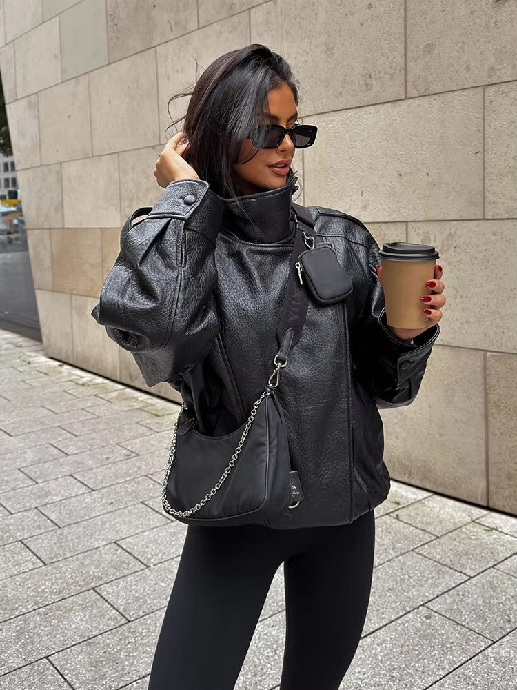 SOKYND Aleah Asymmetrical Leather Jacket Coats & JacketsGE1767356248732148803BlackM