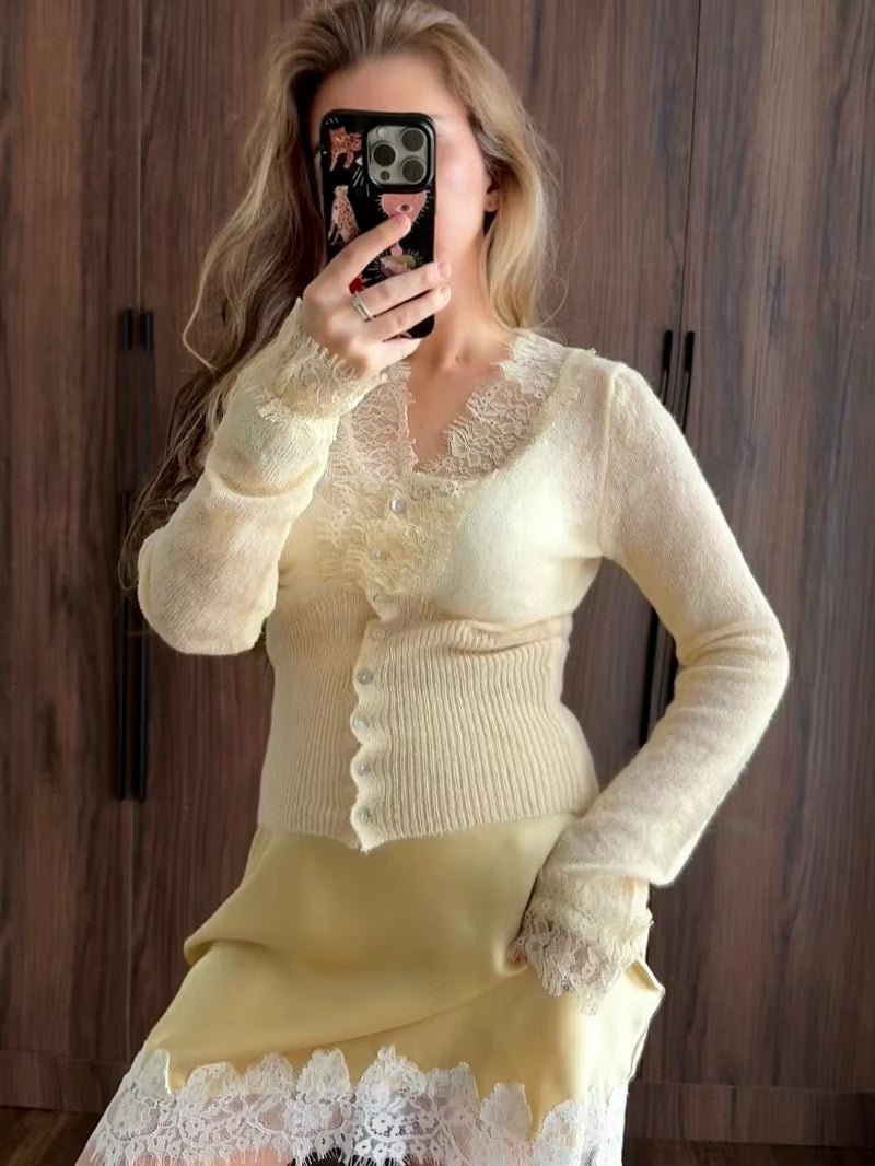 SOKYND Alicia V-Neck Lace Trim Cardigan CardiganSOKYND-419927-BEI-OS-98167Beige