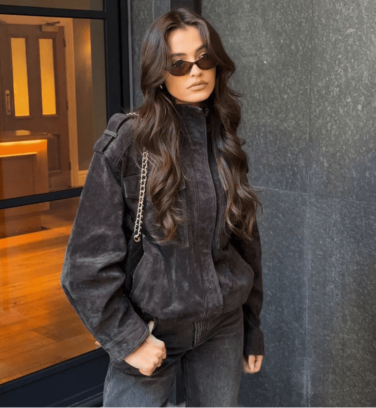 SOKYND Alyssa Suede Bomber Jacket Coats & JacketsyF1772777205908148207Dark GreyM