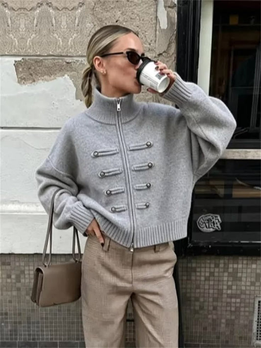 Cardigan côtelé zippé col roulé Amelia