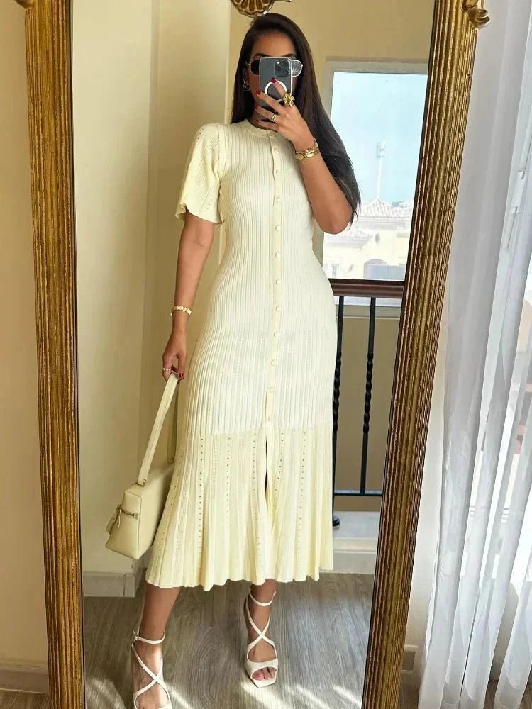 SOKYND Daniela Bell Sleeve Pleated Knit Midi Dress DressesSOKYND-493911-BEI-S-33431BeigeS