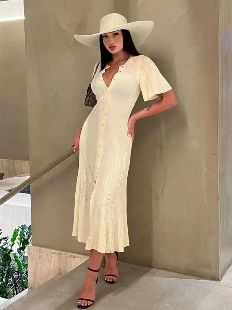 SOKYND Daniela Bell Sleeve Pleated Knit Midi Dress DressesSOKYND-493911-BEI-S-33431BeigeS