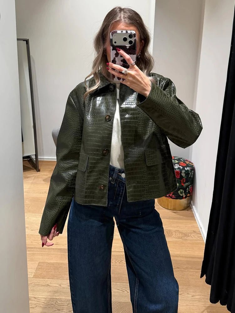 SOKYND Ava Crocodile Embossed Leather Jacket JacketSOKYND-470679-GRE-L-77847GreenL