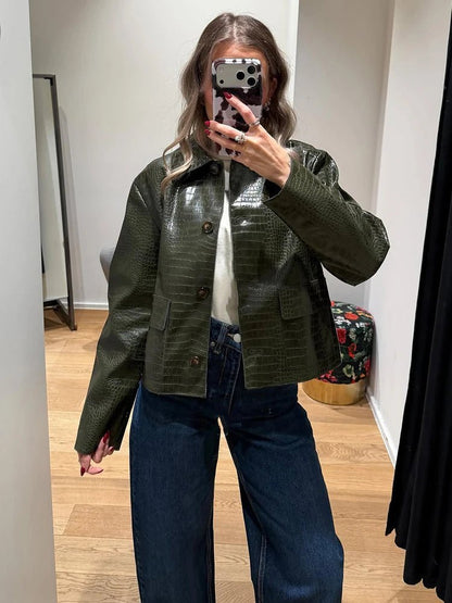 SOKYND Ava Crocodile Embossed Leather Jacket JacketSOKYND-470679-GRE-L-77847GreenL